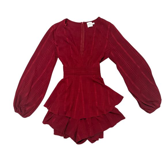 Princess Polly Burgundy Romper Long Puff Sleeves Ruffle Bottom 6 Sexy Holiday - Picture 2 of 9